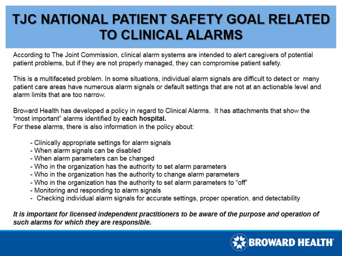 TJC National Patient Safety Goal related to Clinical Alarms