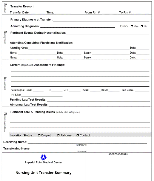 Bh Nursing Unit Transfer Summary